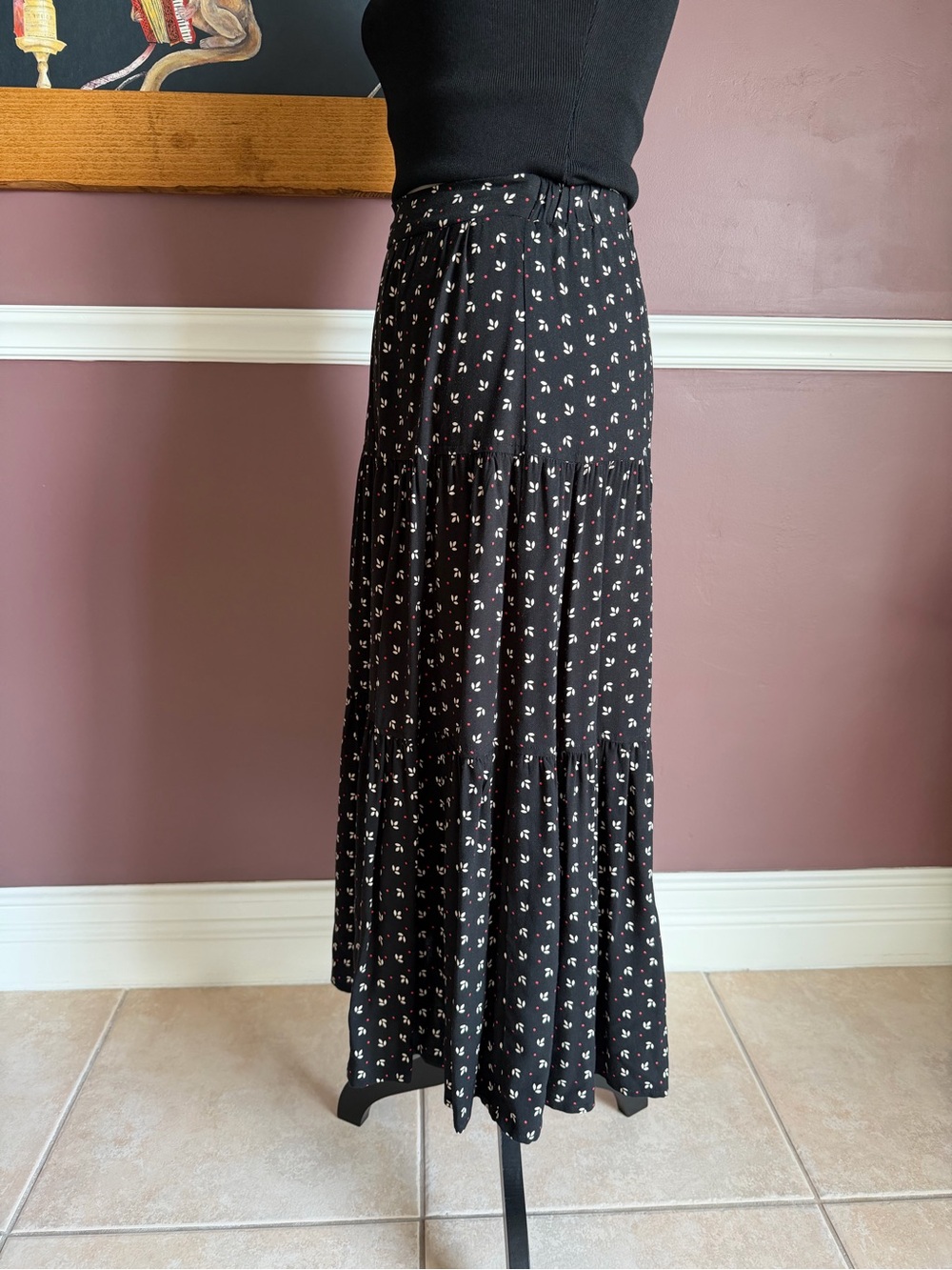 Ten Sixty Sherman Black Maxi Skirt with Tiny White & Pink Floral Print size Sml